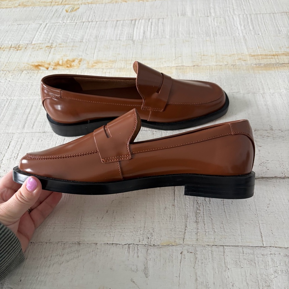 Everlane the Modern Penny Loafer NEW size 8.5 Cognac Leather Square Toe Flats - Picture 7 of 13